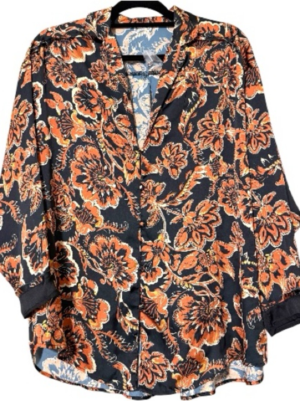 Free People Dreamy Days Pajama Top Medium Black Floral Long Sleeve Lounge new
